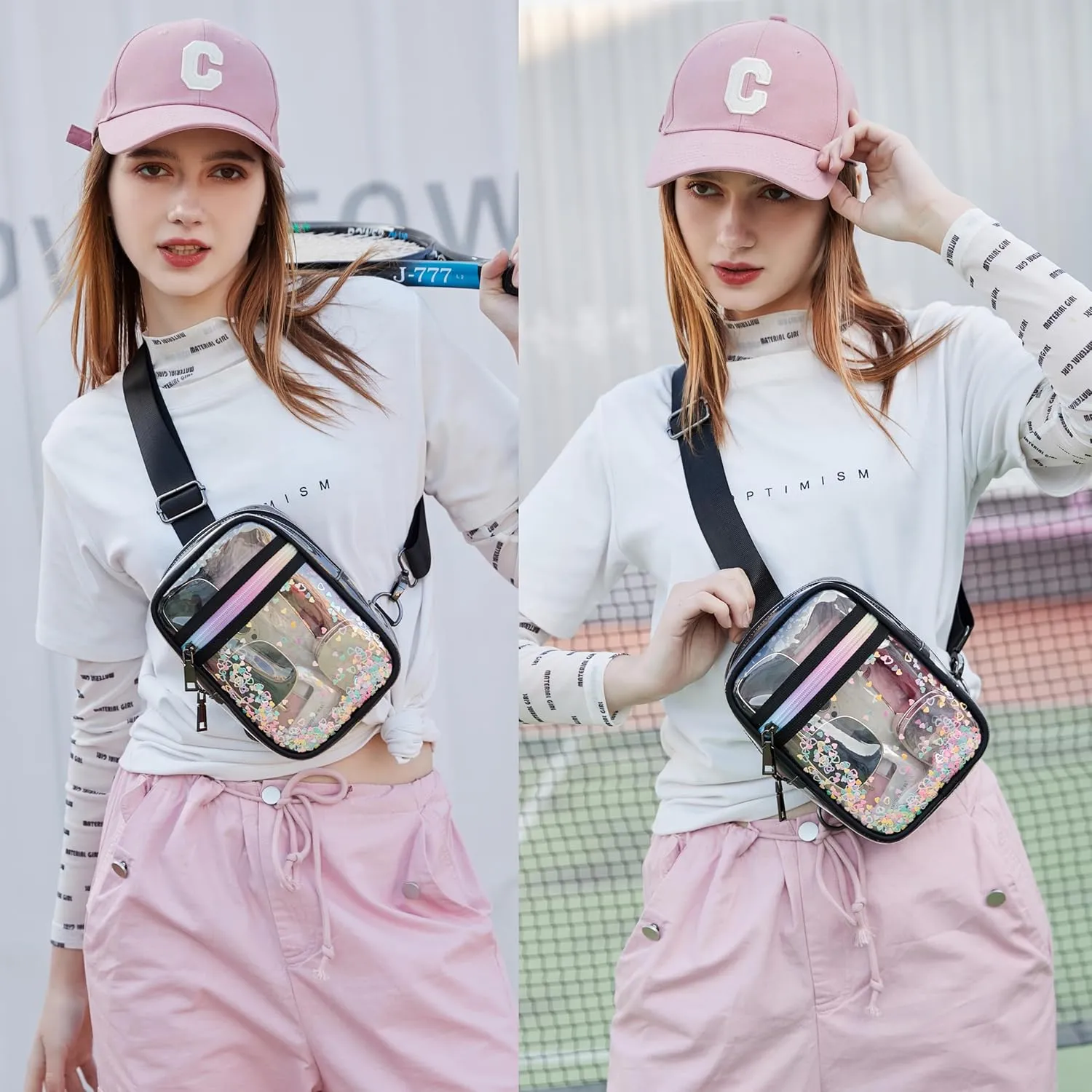 Clear Crossbody Bags for Women Girls Stadium Approved Sling Pack Bag Shoulder Belt Purses Kids Transparent Chest Backpack Daypack (Blacker, Small)