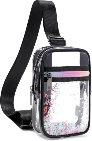Clear Crossbody Bags for Women Girls Stadium Approved Sling Pack Bag Shoulder Belt Purses Kids Transparent Chest Backpack Daypack (Blacker, Small)
