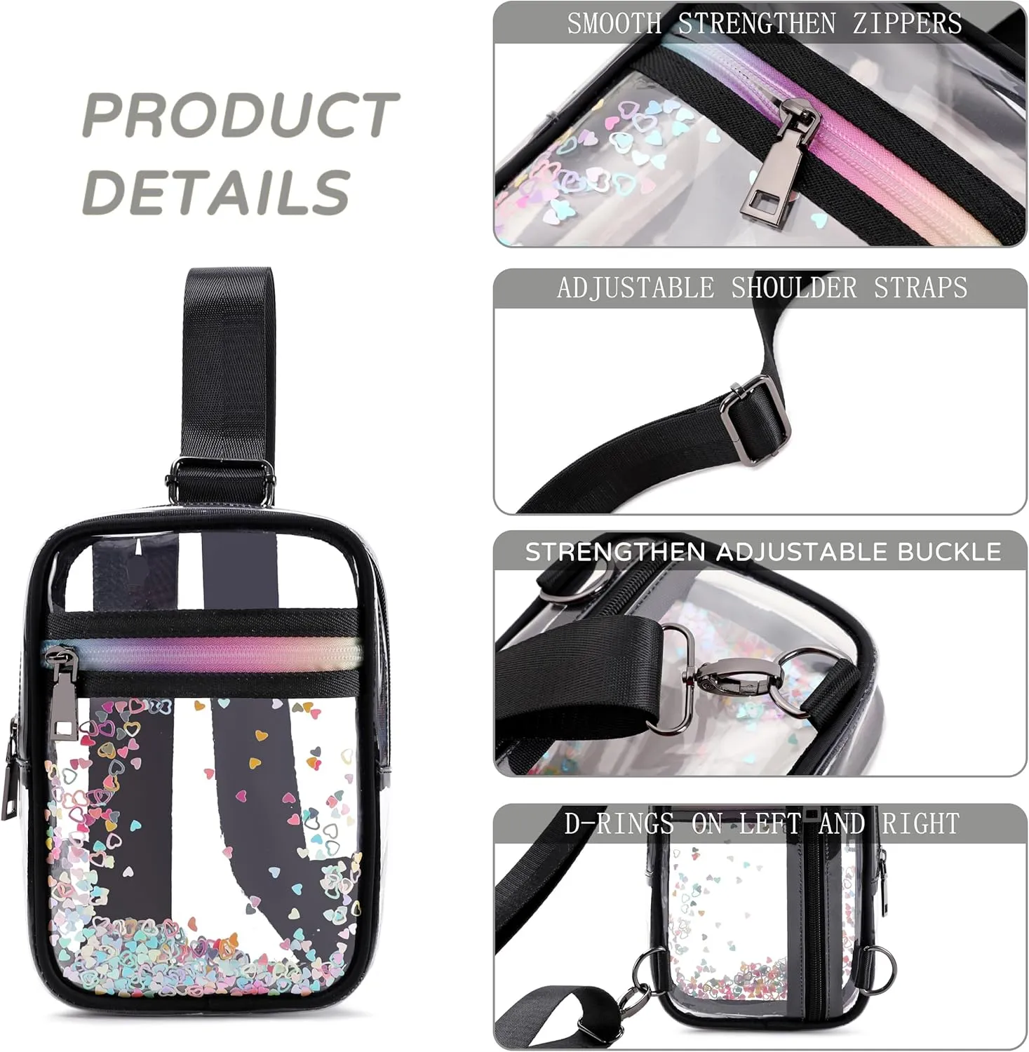 Clear Crossbody Bags for Women Girls Stadium Approved Sling Pack Bag Shoulder Belt Purses Kids Transparent Chest Backpack Daypack (Blacker, Small)