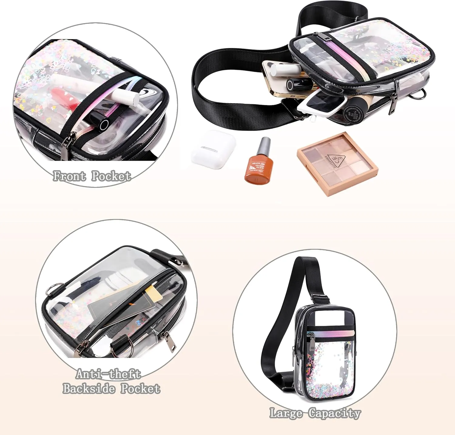 Clear Crossbody Bags for Women Girls Stadium Approved Sling Pack Bag Shoulder Belt Purses Kids Transparent Chest Backpack Daypack (Blacker, Small)
