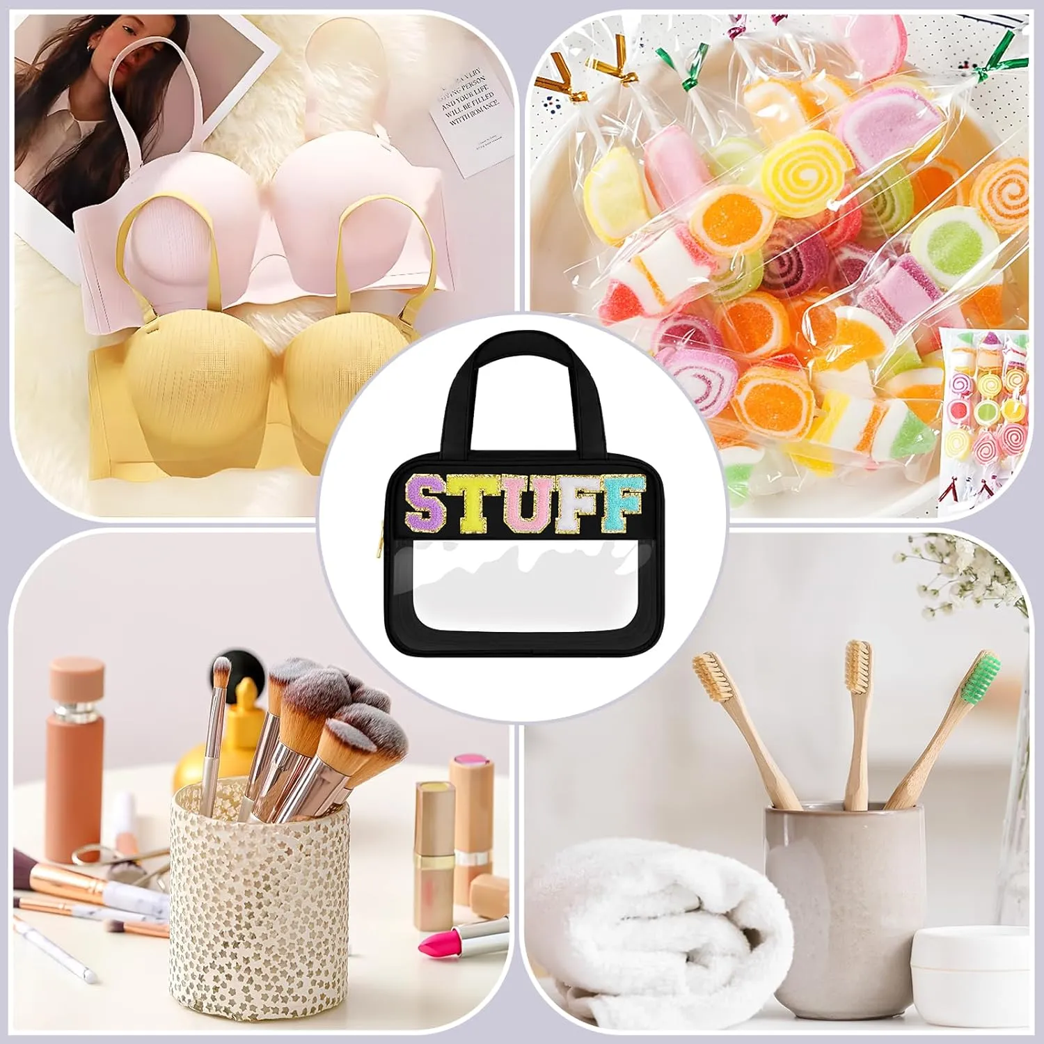 Clear Letter Makeup Bag, Black, L Size, Clear Bag