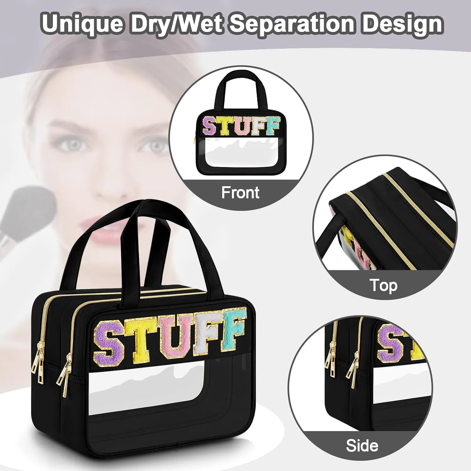 Clear Letter Makeup Bag, Black, L Size, Clear Bag