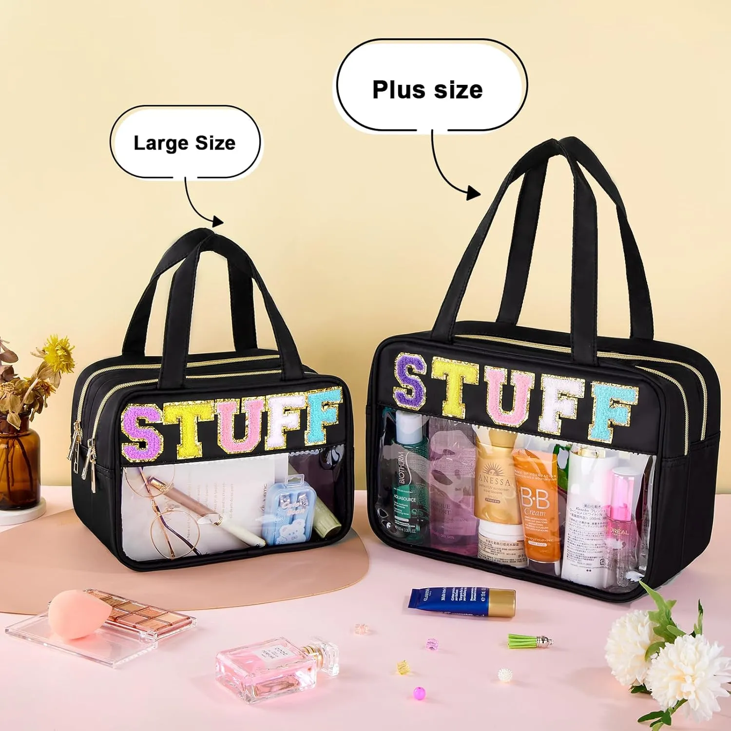 Clear Letter Makeup Bag, Black, L Size, Clear Bag