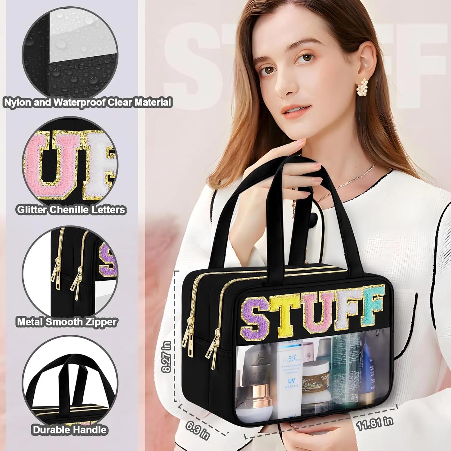 Clear Letter Makeup Bag, Black, L Size, Clear Bag
