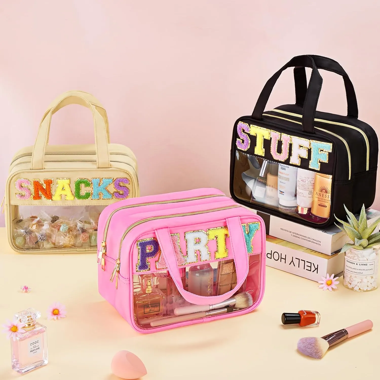 Clear Letter Makeup Bag, Black, L Size, Clear Bag