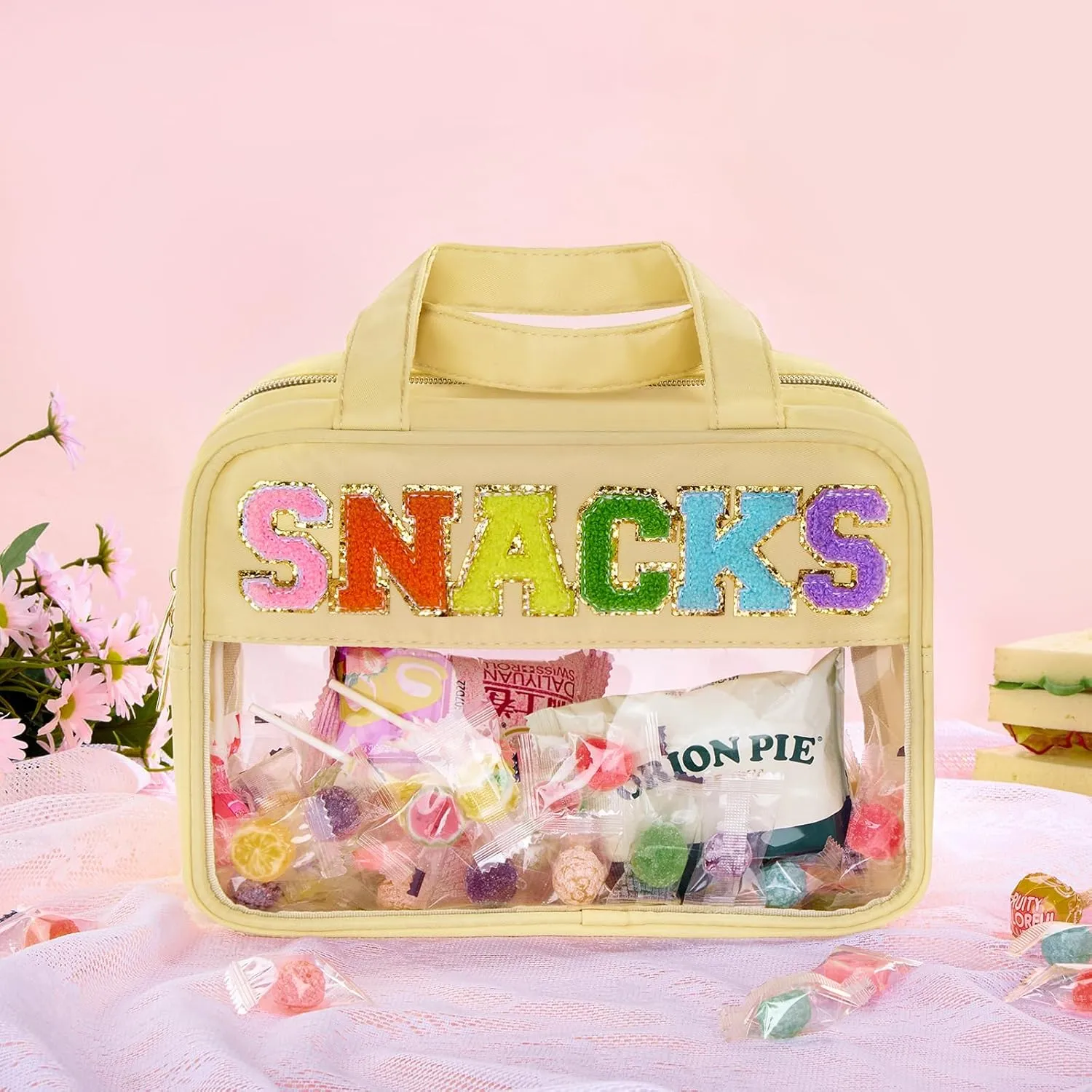 Clear Letter Makeup Bag, Yellow, L Size, Clear Bag