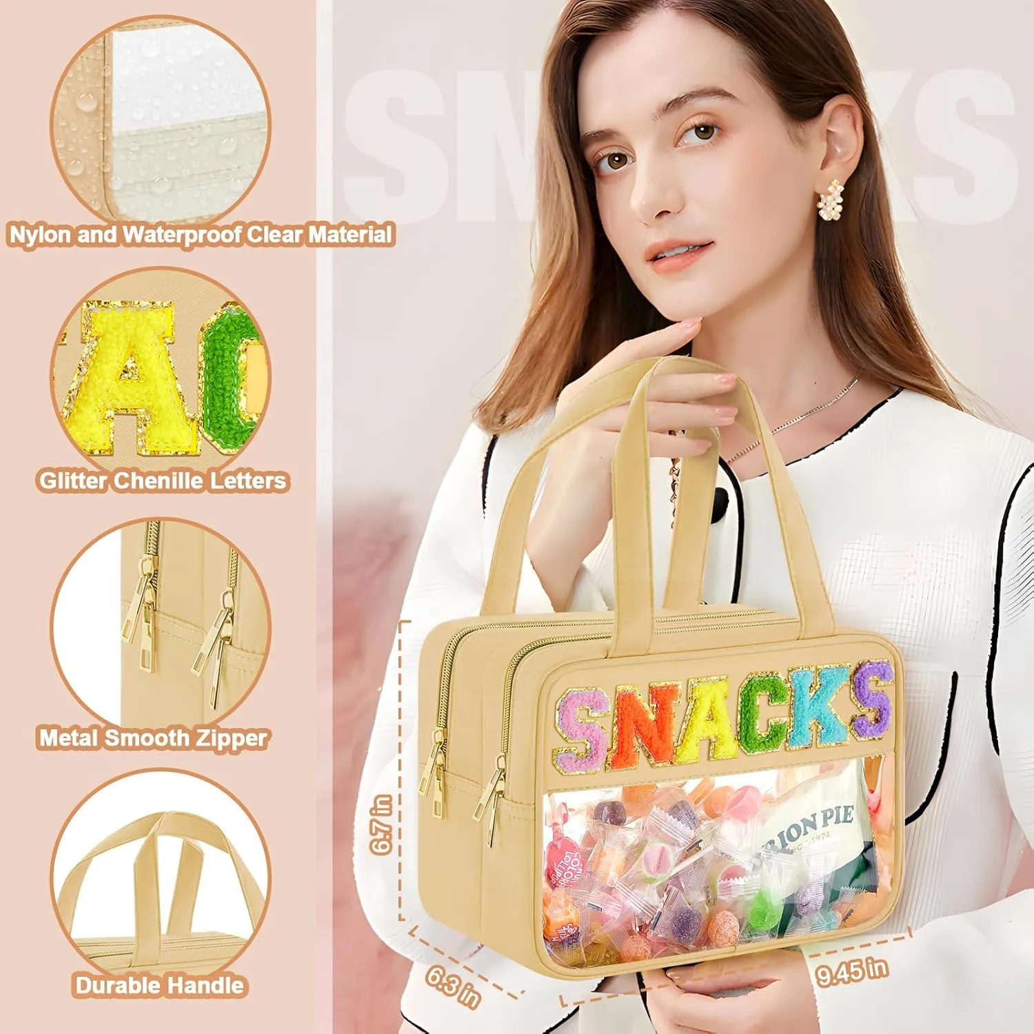 Clear Letter Makeup Bag, Yellow, L Size, Clear Bag