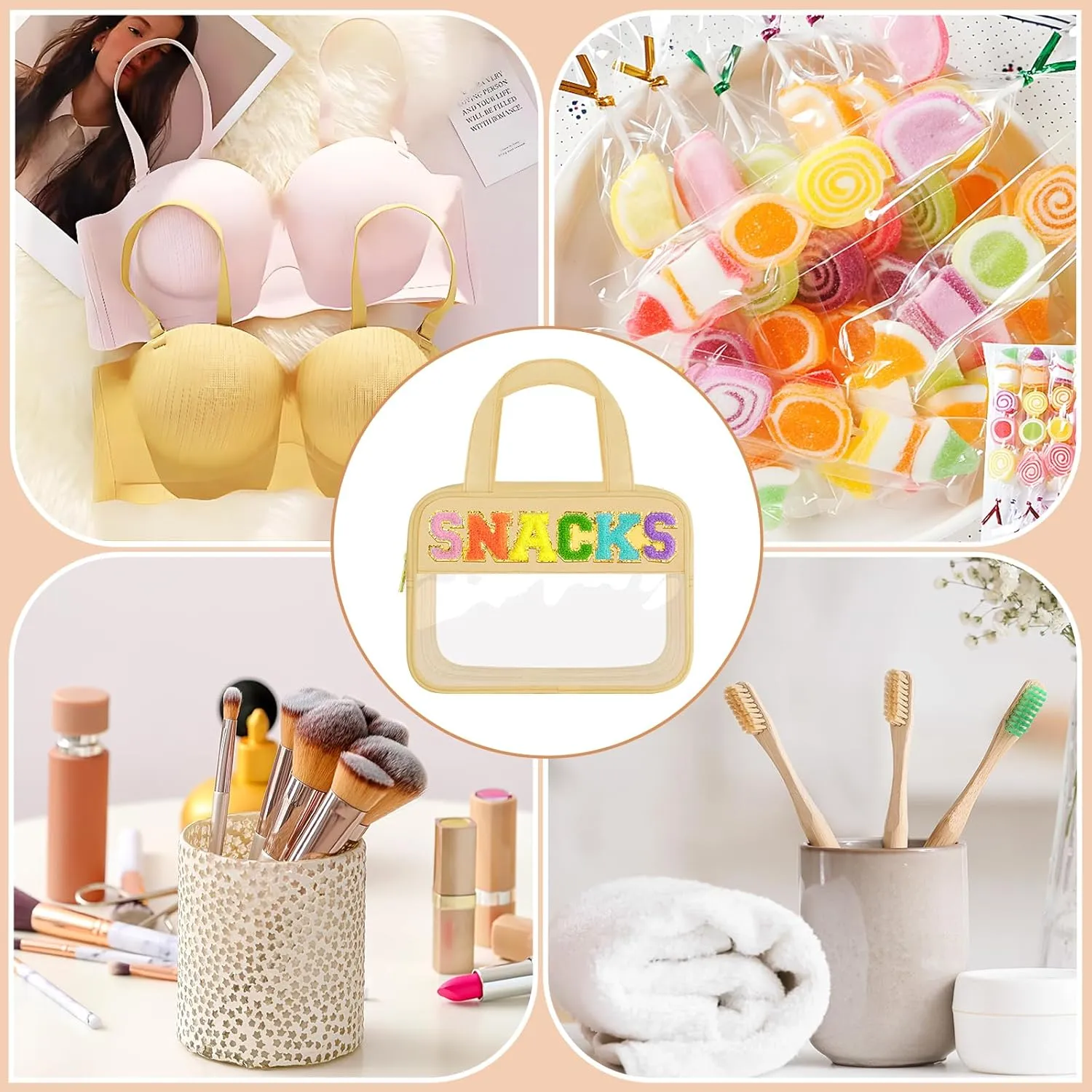 Clear Letter Makeup Bag, Yellow, L Size, Clear Bag