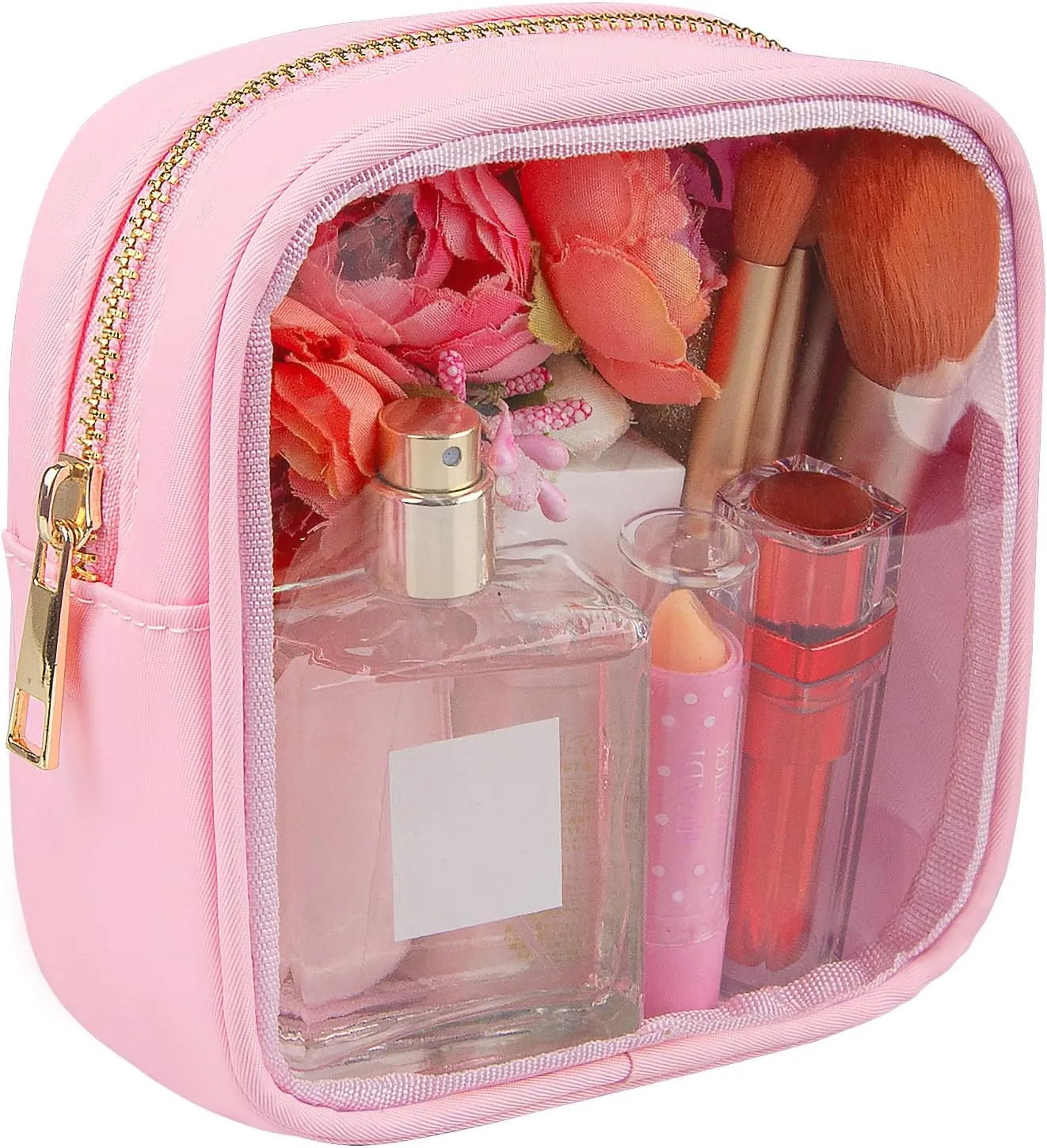Clear Makeup Bag for Purse 2 Pcs Small Nylon Zipper Pouch Mini Travel Cosmetic Bag Clear Toiletry Bags for Traveling Cute Makeup Organizer for Women (2pcs pink clear)