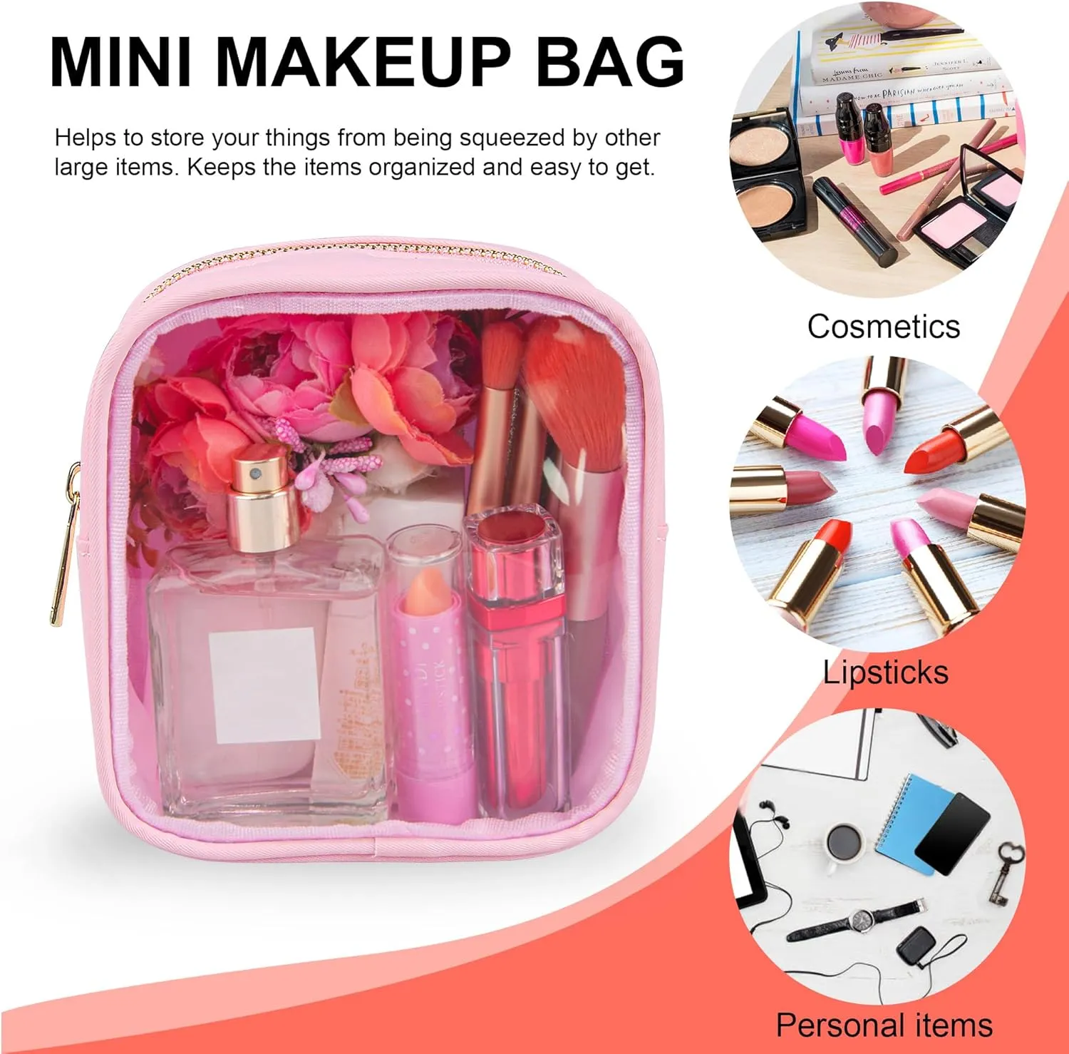 Clear Makeup Bag for Purse 2 Pcs Small Nylon Zipper Pouch Mini Travel Cosmetic Bag Clear Toiletry Bags for Traveling Cute Makeup Organizer for Women (2pcs pink clear)
