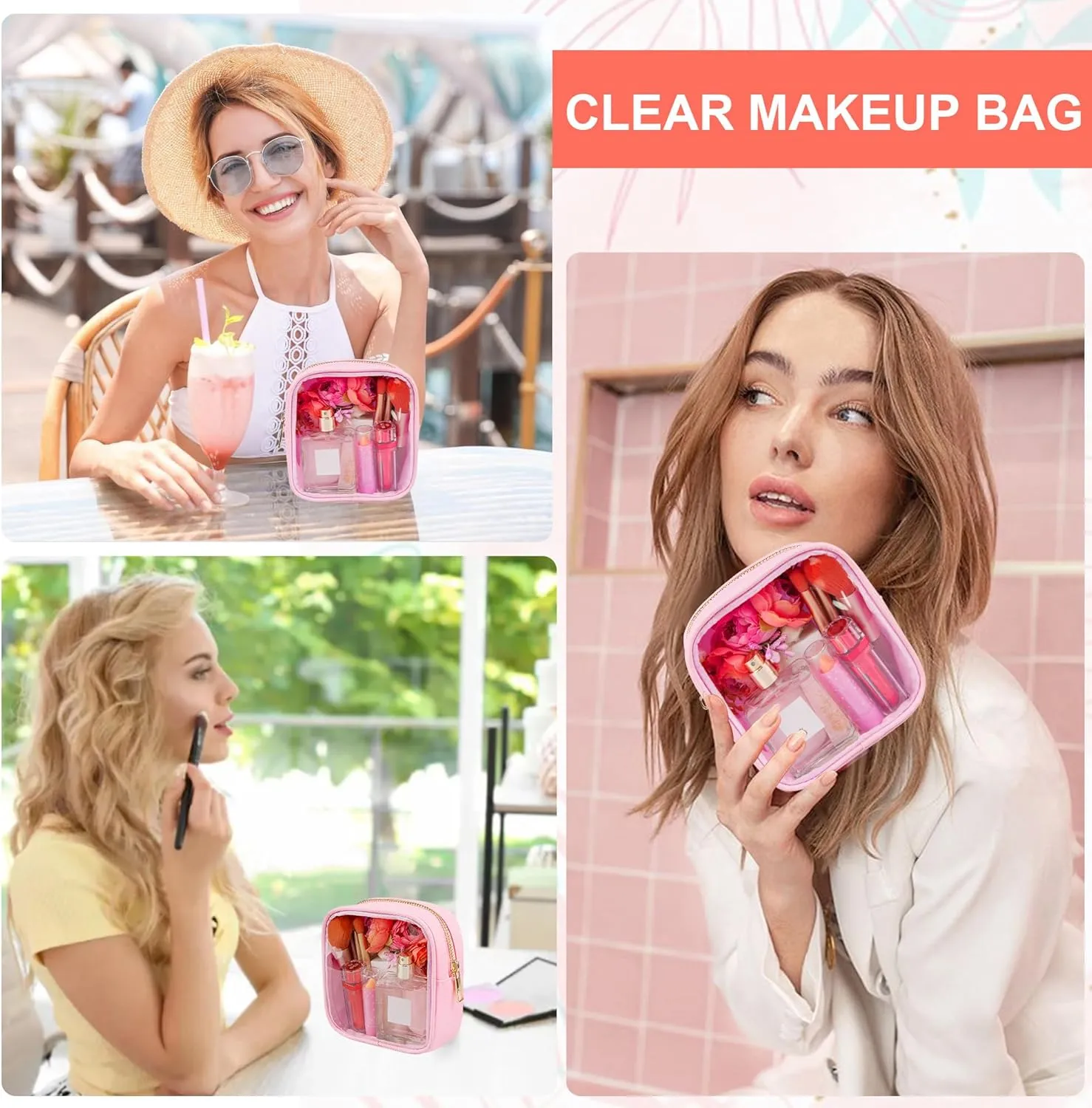 Clear Makeup Bag for Purse 2 Pcs Small Nylon Zipper Pouch Mini Travel Cosmetic Bag Clear Toiletry Bags for Traveling Cute Makeup Organizer for Women (2pcs pink clear)