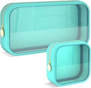 Clear Makeup Bag Set of 2, TSA Approved Waterproof Travel Cosmetic Bag, PVC Nylon Portable Makeup Organizer Bags for Women (Green)