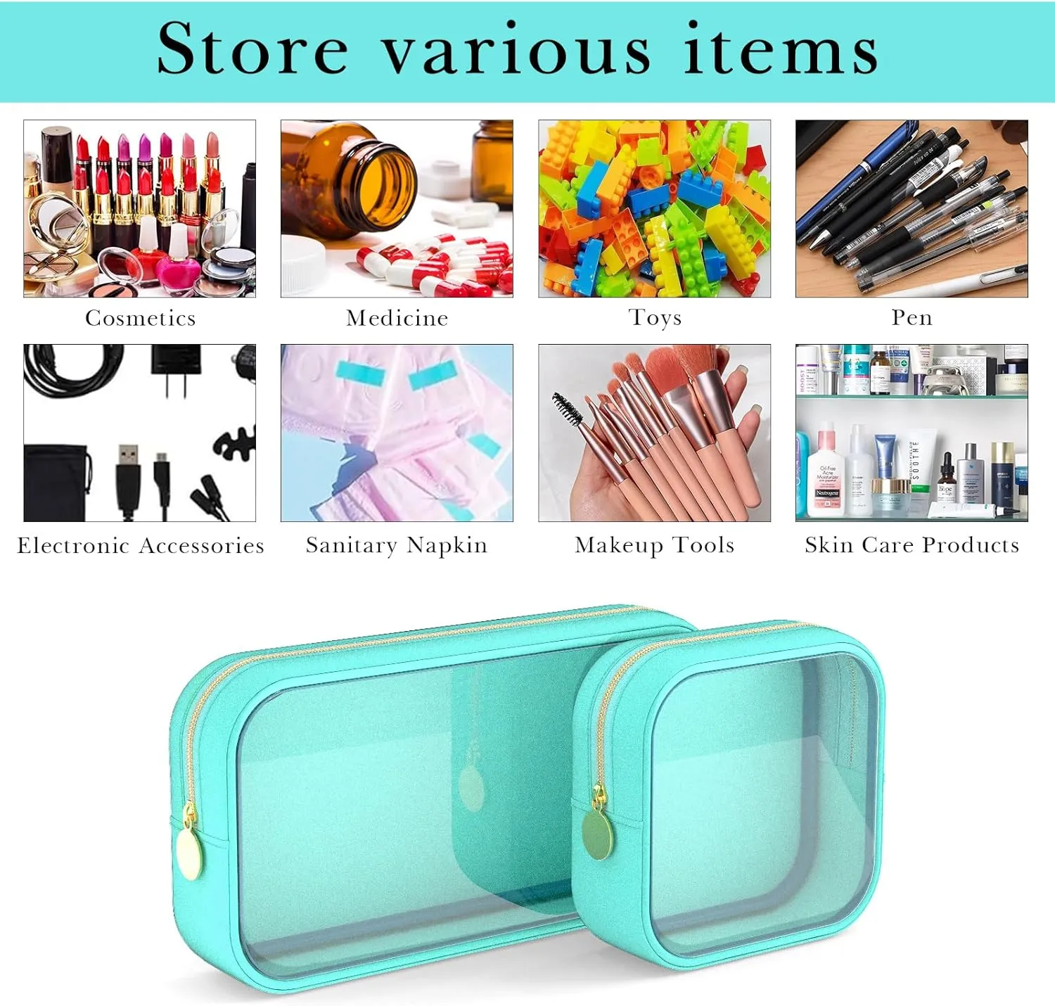 Clear Makeup Bag Set of 2, TSA Approved Waterproof Travel Cosmetic Bag, PVC Nylon Portable Makeup Organizer Bags for Women (Green)