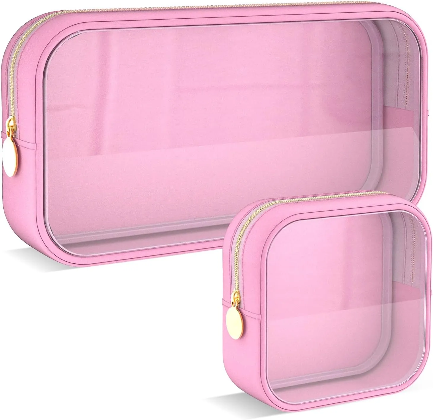 Clear Makeup Bag Set of 2, TSA Approved Waterproof Travel Cosmetic Bag, PVC Nylon Portable Makeup Organizer Bags for Women (Pink)
