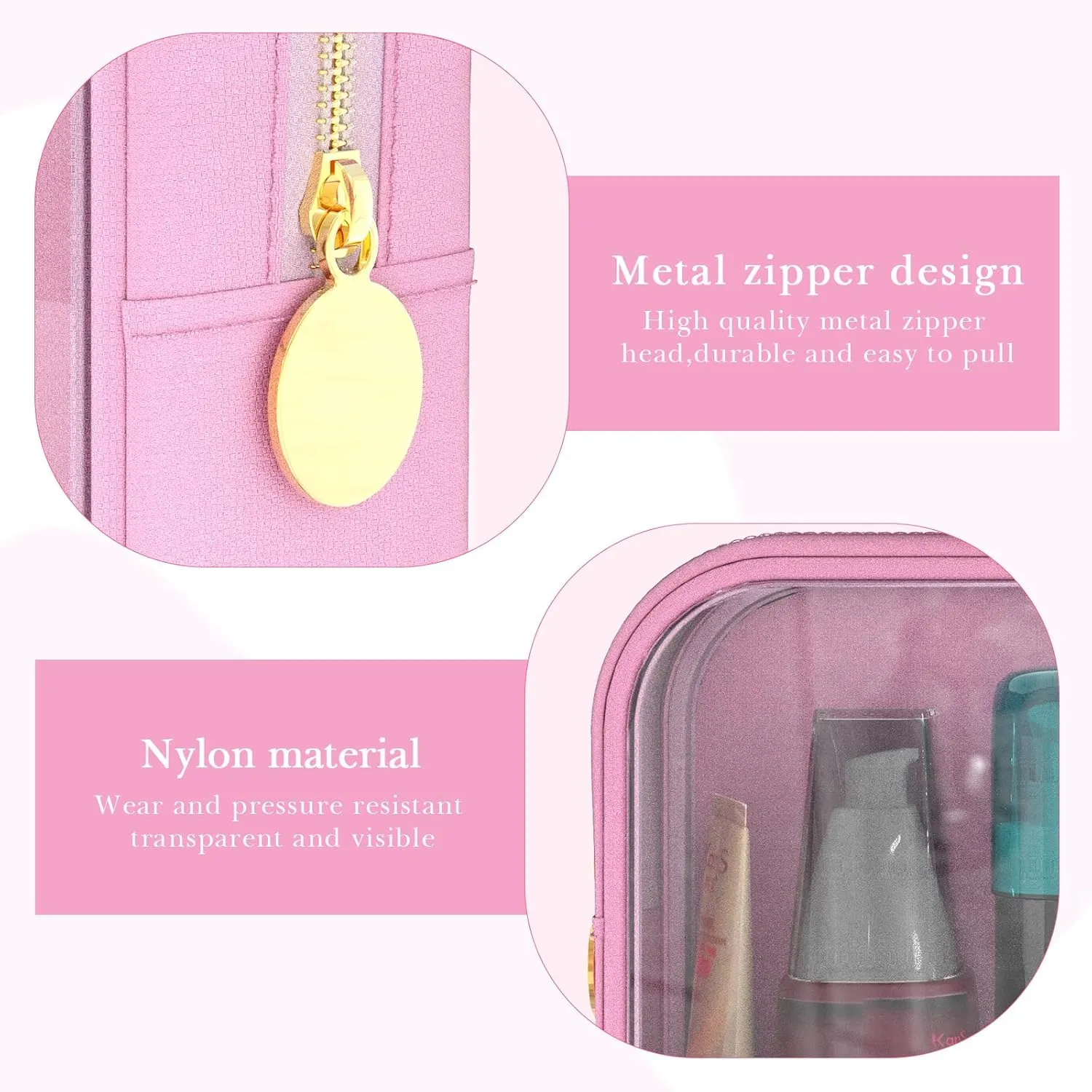 Clear Makeup Bag Set of 2, TSA Approved Waterproof Travel Cosmetic Bag, PVC Nylon Portable Makeup Organizer Bags for Women (Pink)
