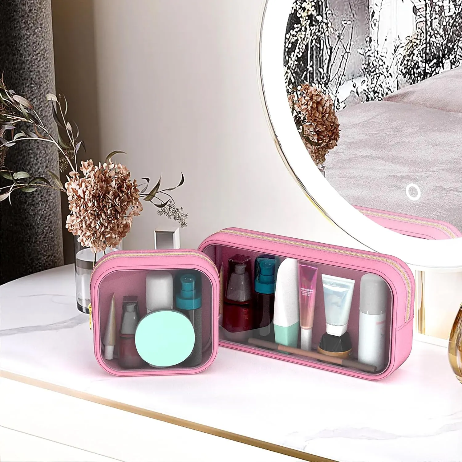 Clear Makeup Bag Set of 2, TSA Approved Waterproof Travel Cosmetic Bag, PVC Nylon Portable Makeup Organizer Bags for Women (Pink)