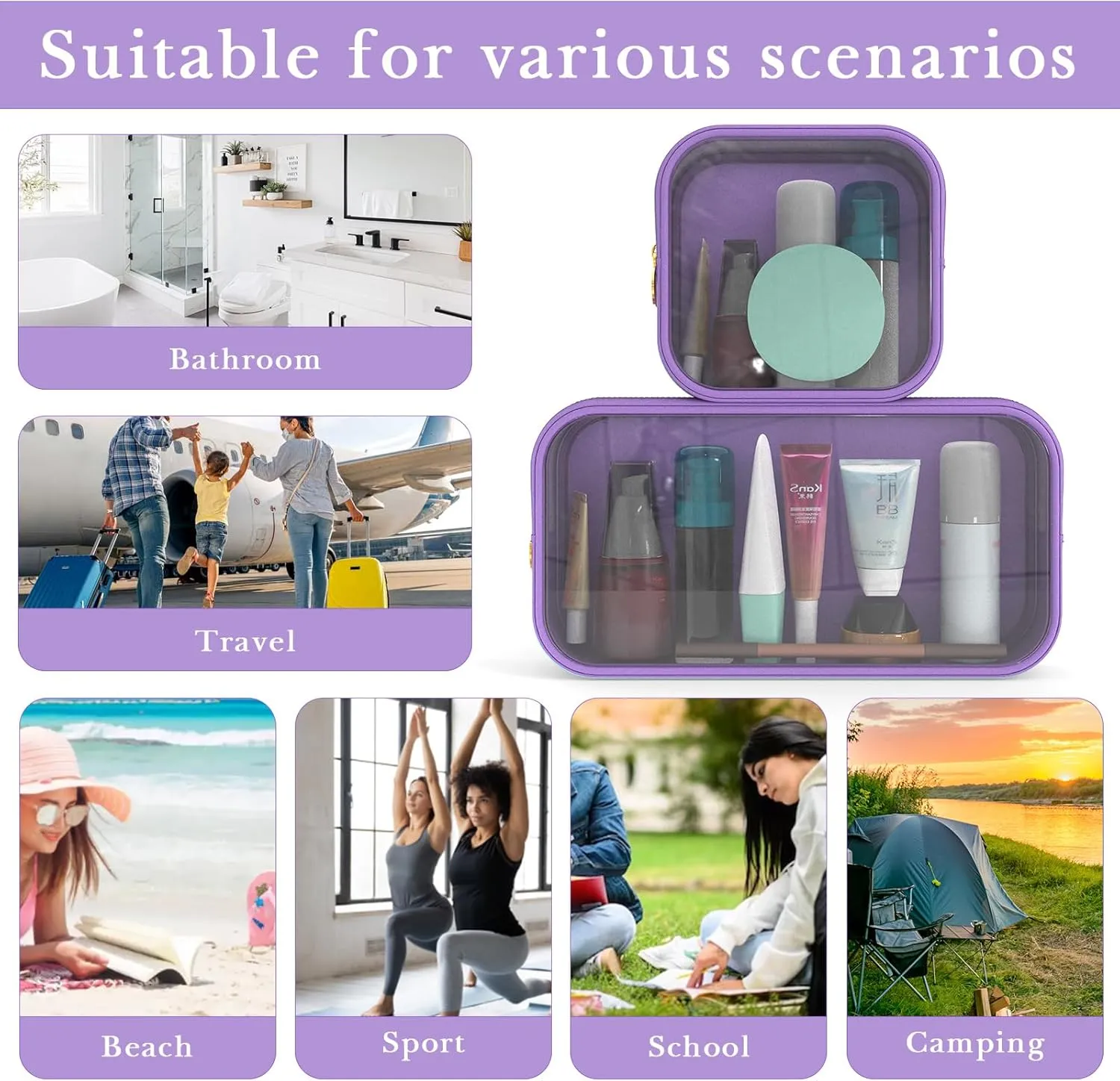 Clear Makeup Bag Set of 2, TSA Approved Waterproof Travel Cosmetic Bag, PVC Nylon Portable Makeup Organizer Bags for Women (Purple)