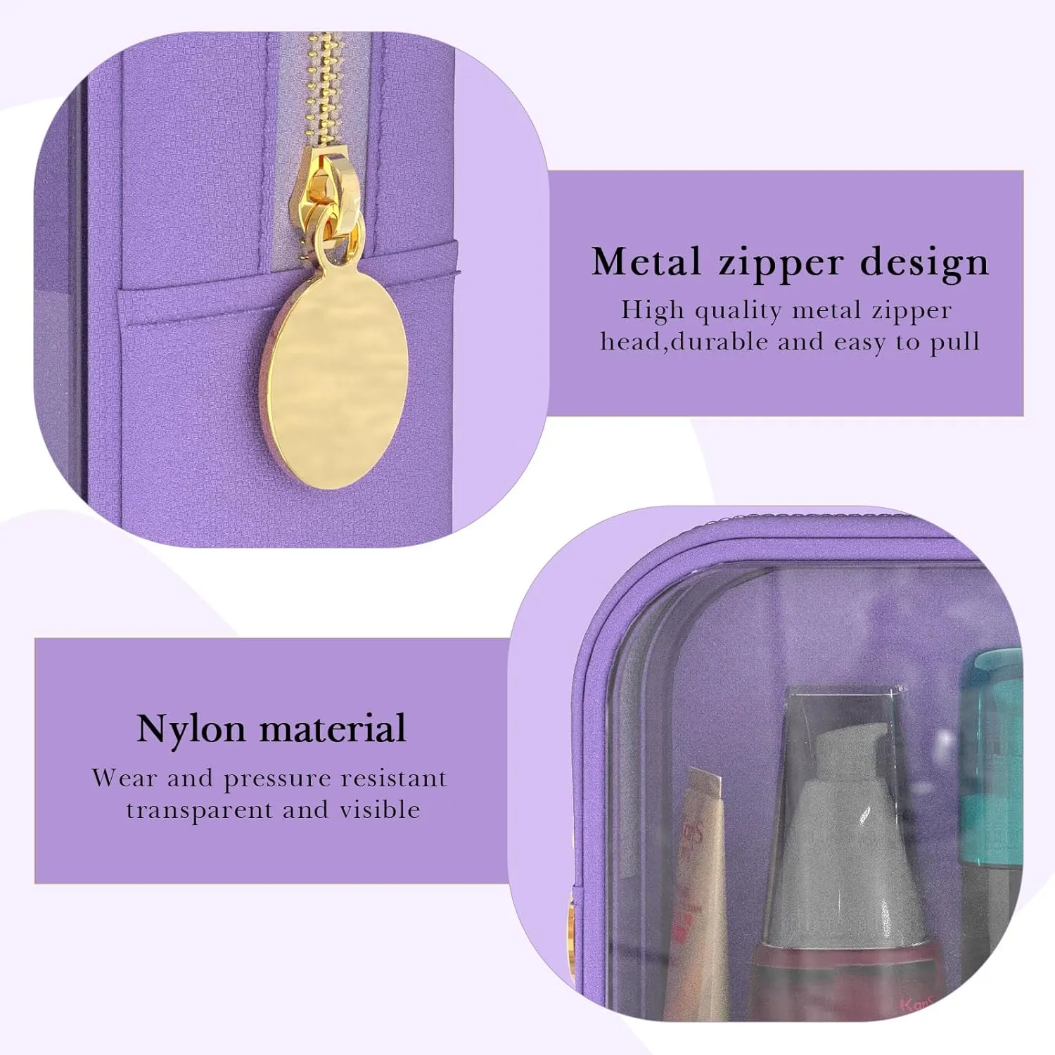 Clear Makeup Bag Set of 2, TSA Approved Waterproof Travel Cosmetic Bag, PVC Nylon Portable Makeup Organizer Bags for Women (Purple)