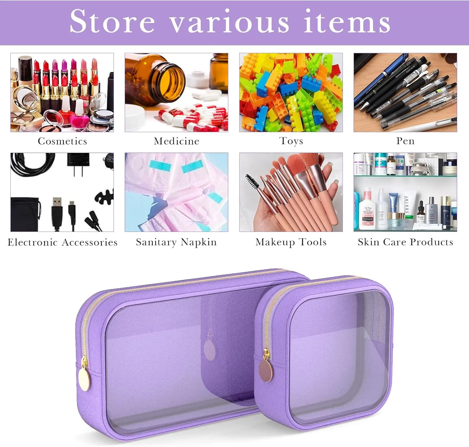 Clear Makeup Bag Set of 2, TSA Approved Waterproof Travel Cosmetic Bag, PVC Nylon Portable Makeup Organizer Bags for Women (Purple)