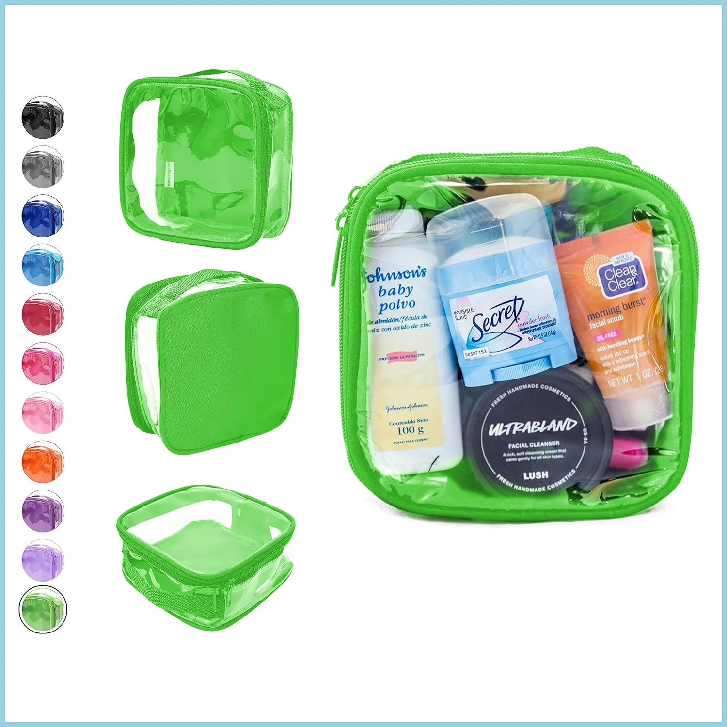 Clear TSA Approved 3-1-1 Travel Toiletry Bag for Carry On / Quart Size Transparent Liquids Pouch for Airport Security / Reusable See Through Vinyl & PVC Plastic Organizer for Men and Women (Green)