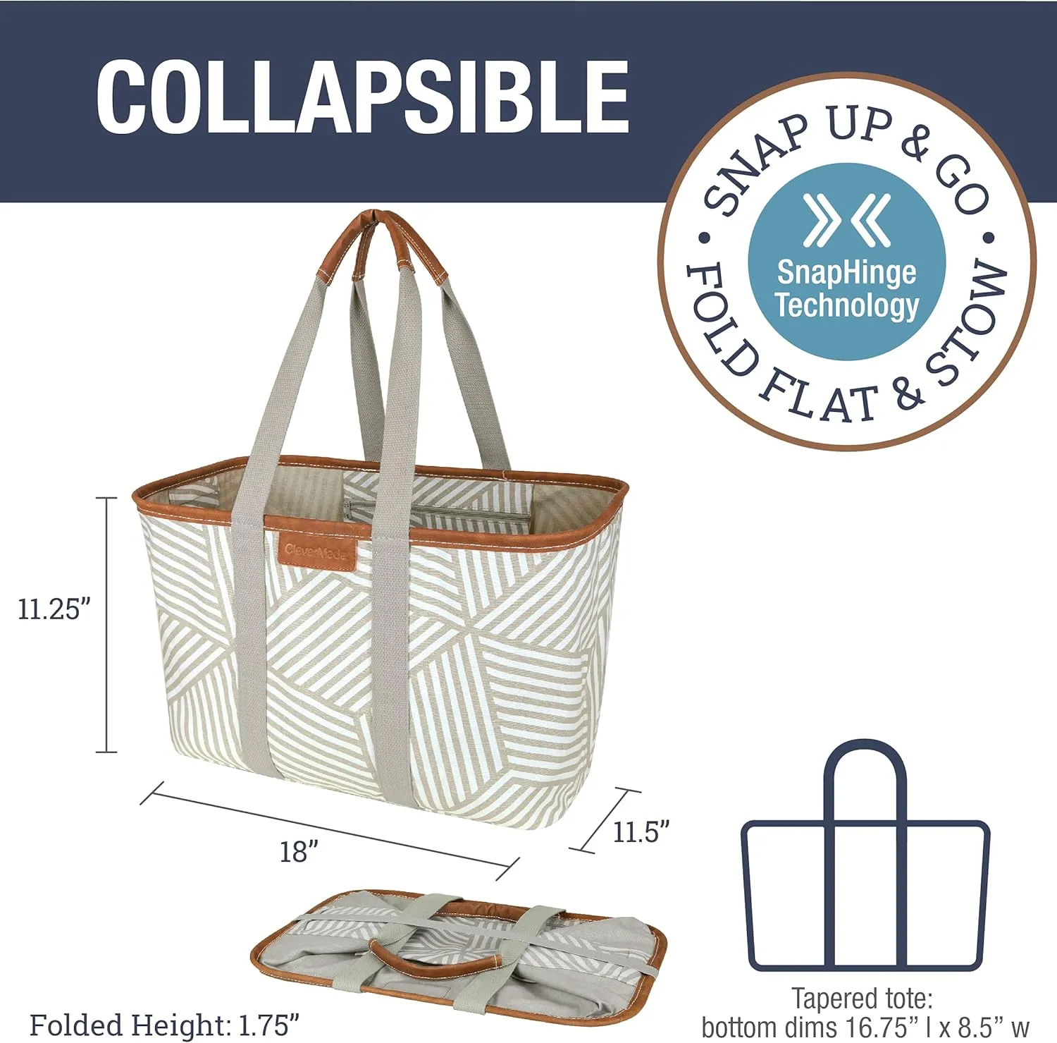 CleverMade Snapbasket LUXE Collapsible Tote - Geometric Taupe 1 Pack 30L / 8 Gal - Reusable Grocery Collapsible Storage Shopping Organizer