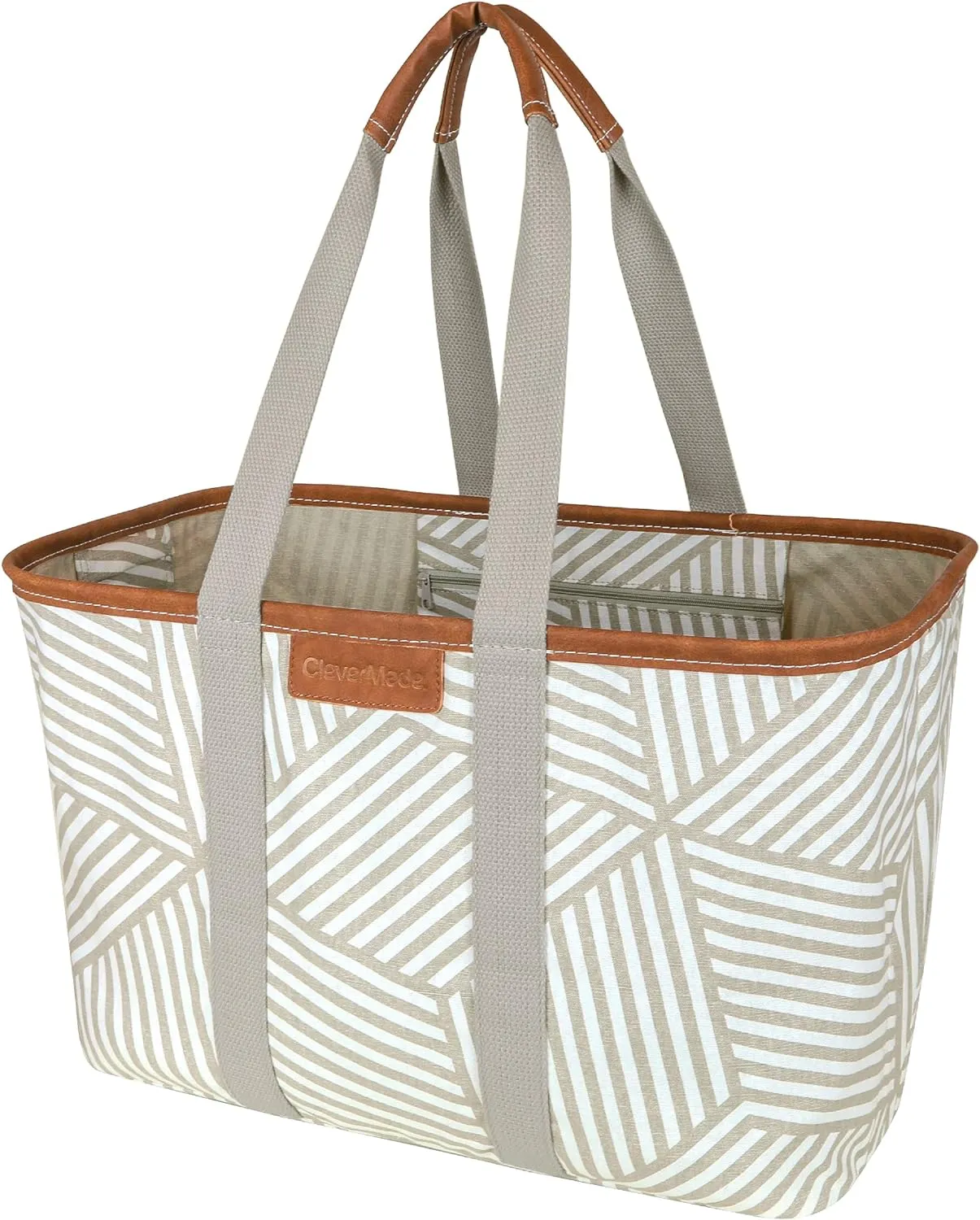 CleverMade Snapbasket LUXE Collapsible Tote - Geometric Taupe 1 Pack 30L / 8 Gal - Reusable Grocery Collapsible Storage Shopping Organizer