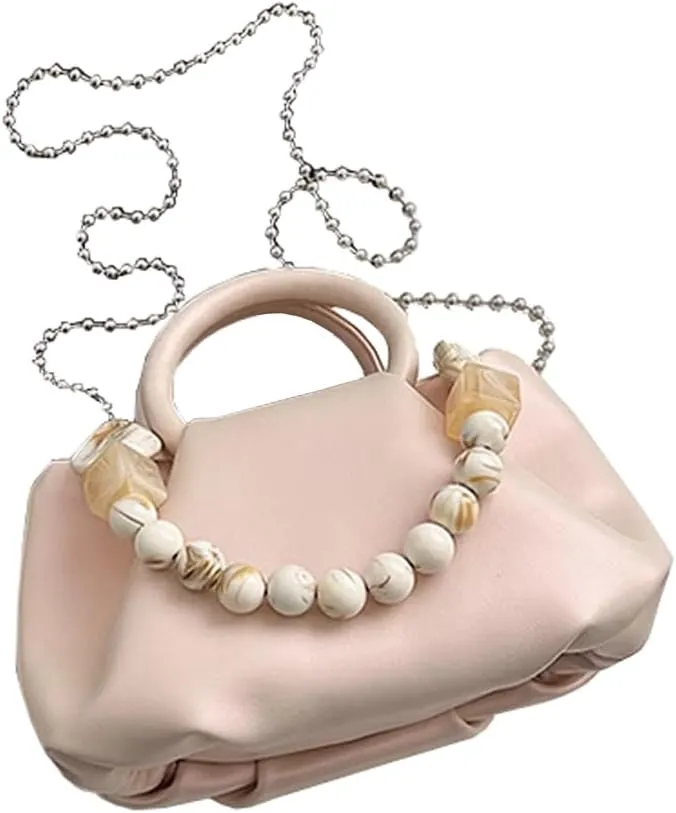 Cloud Clutch Purses for Women Soft Leather Dumpling Bag Beaded Slouchy Pouch Bag Small Handbag Crossbody Purse