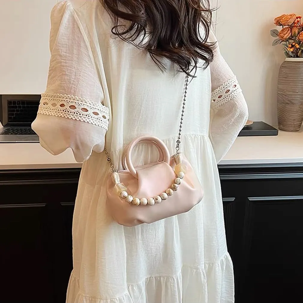Cloud Clutch Purses for Women Soft Leather Dumpling Bag Beaded Slouchy Pouch Bag Small Handbag Crossbody Purse