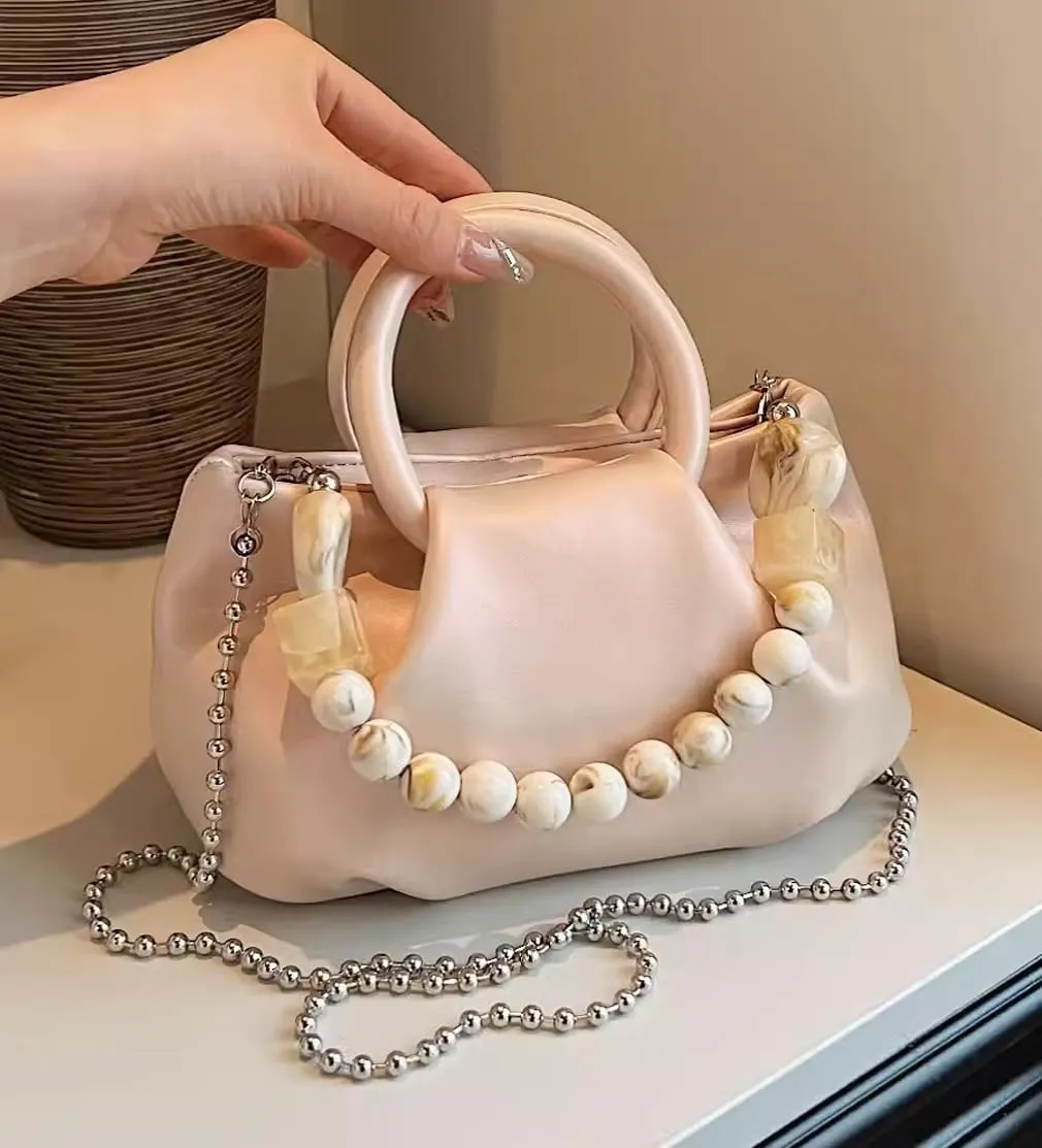 Cloud Clutch Purses for Women Soft Leather Dumpling Bag Beaded Slouchy Pouch Bag Small Handbag Crossbody Purse