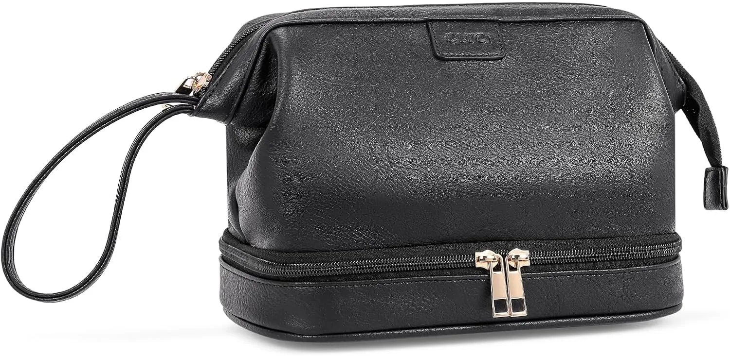 CLUCI Travel Makeup Bag, Double Layer Cosmetic Bag for Women, Large Capacity Makeup Organizer, Portable PU Leather Cosmetic Travel Bags,Water-resistant Traveling Toiletry Bag for Women and Girls