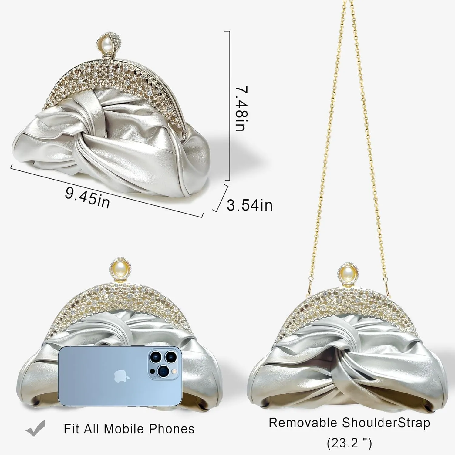 Clutch Purses for Women Evening Clutch Pearl Bag Soft Leather Evening Handbag Noble Crystal Beaded Wedding Clutch