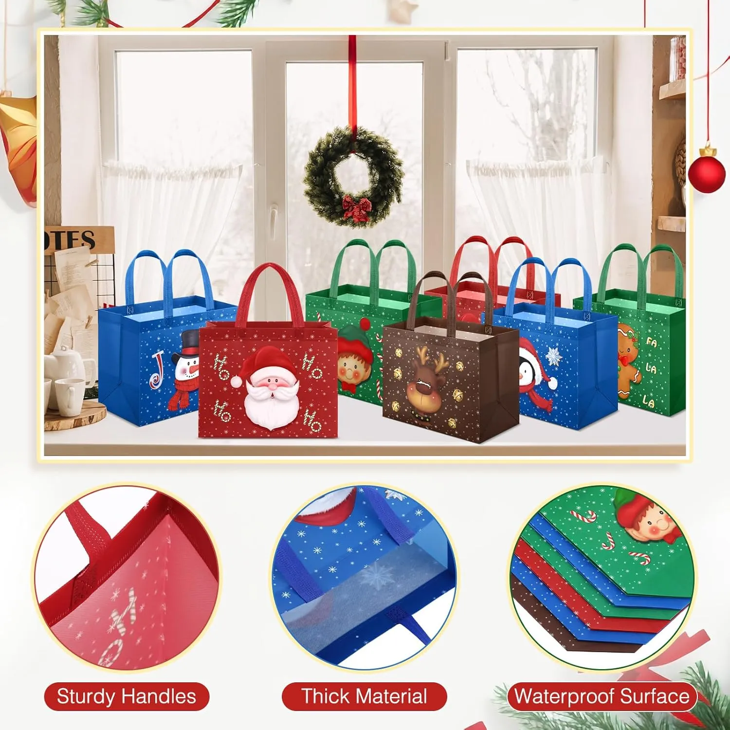 Clysee 36 Pcs Christmas Gift Bags with Handles 12.6 x 9.8 x 6.7 Inch Large Non-Woven Tote Bags Christmas Reusable Treat Bags for Gifts Wrapping Shopping Xmas Holiday Party Favors