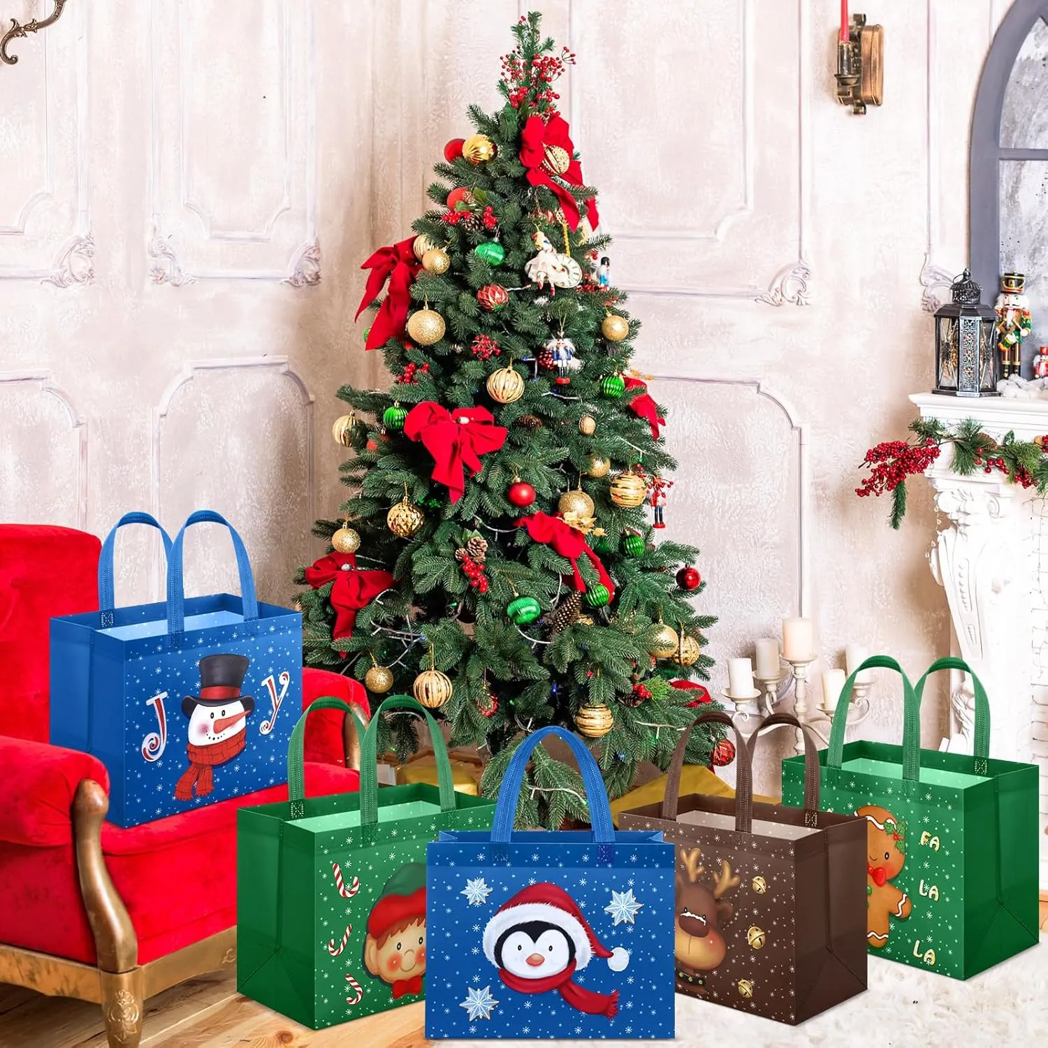 Clysee 36 Pcs Christmas Gift Bags with Handles 12.6 x 9.8 x 6.7 Inch Large Non-Woven Tote Bags Christmas Reusable Treat Bags for Gifts Wrapping Shopping Xmas Holiday Party Favors