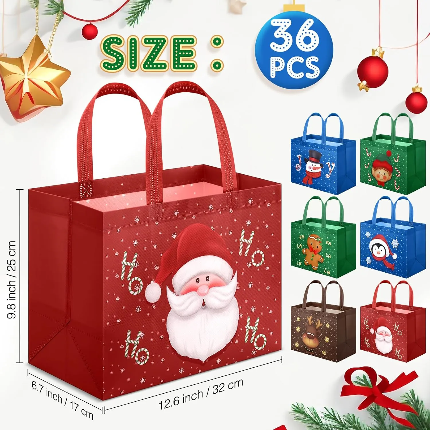 Clysee 36 Pcs Christmas Gift Bags with Handles 12.6 x 9.8 x 6.7 Inch Large Non-Woven Tote Bags Christmas Reusable Treat Bags for Gifts Wrapping Shopping Xmas Holiday Party Favors