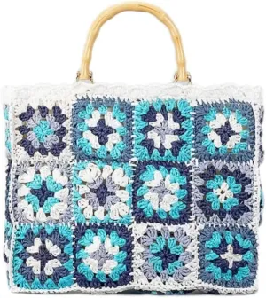 Color Clashing Straw Bag Women Pure Handmade Paper Woven Bag Vintage Bamboo Tote Vacation Shoulder Bag