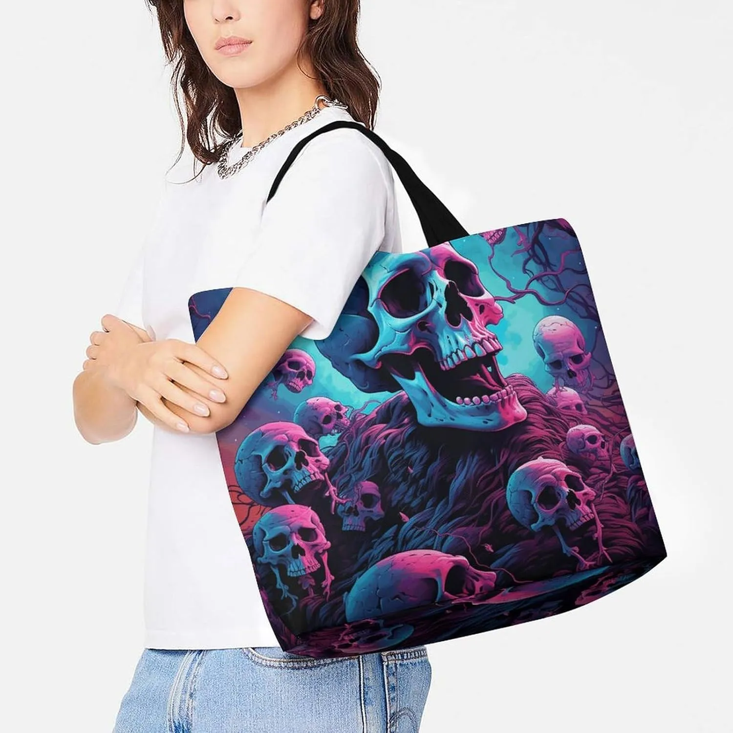 Color Skull Pictures Tote Bags, Reusable Grocery Bags, Large Shopping Bag, Shoulder Bag for Women