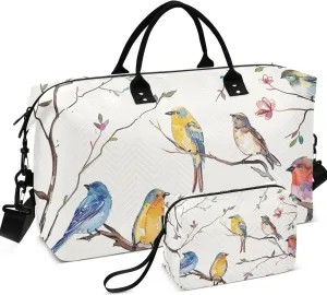 Colorful Birds Branch Duffel Bags Travel Cosmetic Pouch Set of 2, Print Women Sports Duffle Bag Weekender Bag