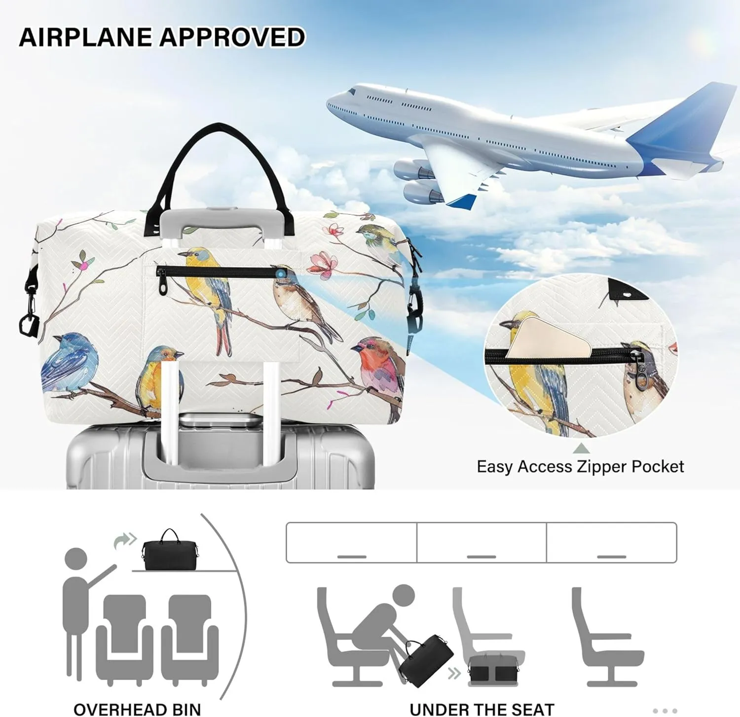 Colorful Birds Branch Duffel Bags Travel Cosmetic Pouch Set of 2, Print Women Sports Duffle Bag Weekender Bag