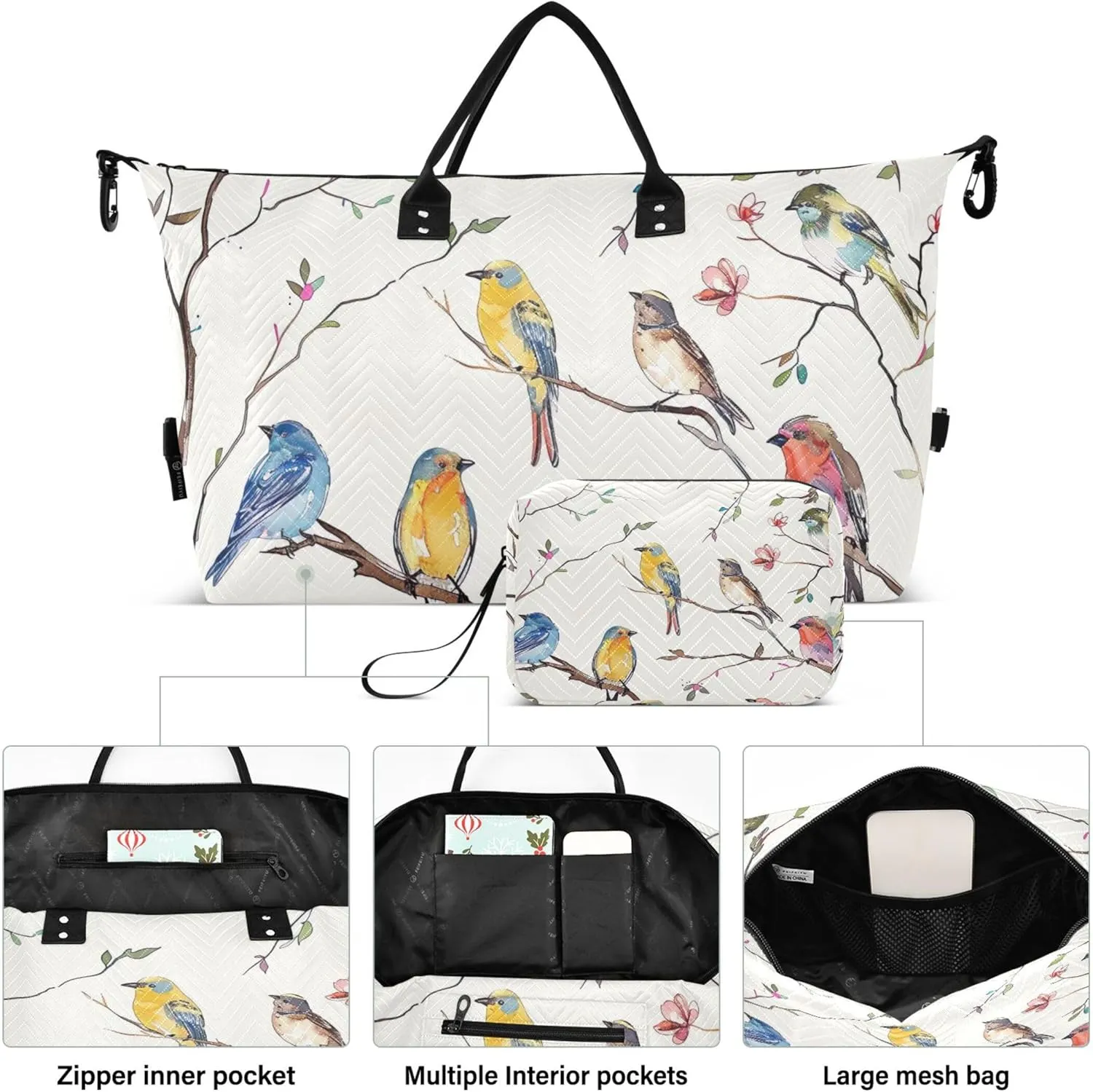Colorful Birds Branch Duffel Bags Travel Cosmetic Pouch Set of 2, Print Women Sports Duffle Bag Weekender Bag