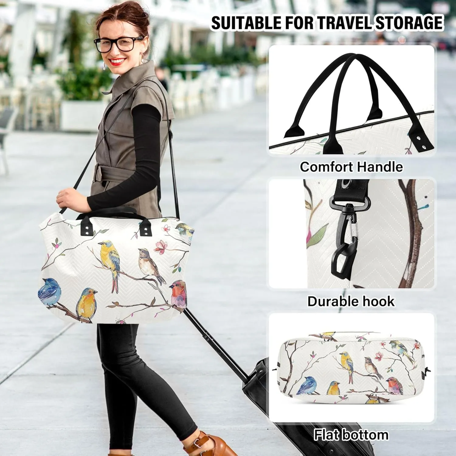 Colorful Birds Branch Duffel Bags Travel Cosmetic Pouch Set of 2, Print Women Sports Duffle Bag Weekender Bag
