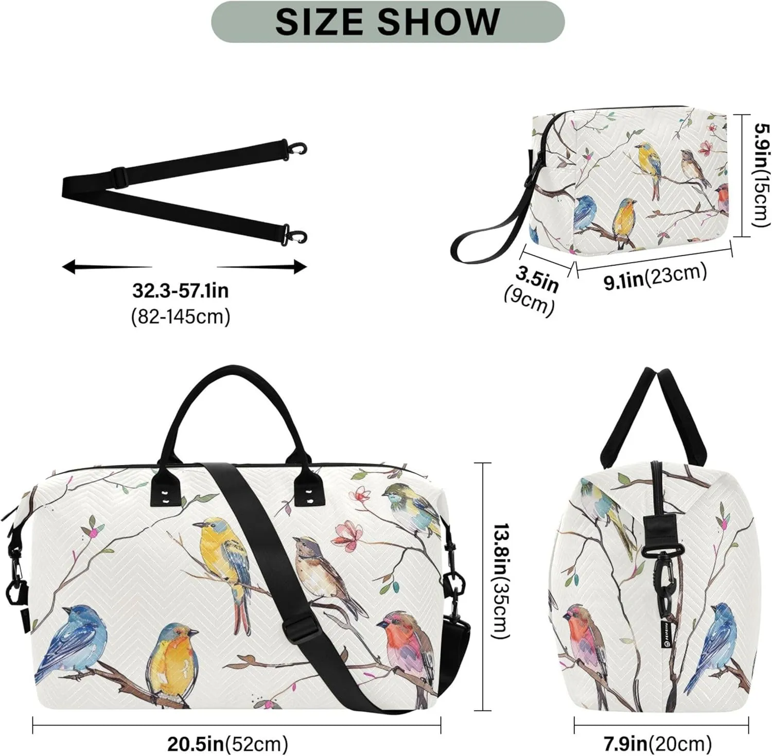 Colorful Birds Branch Duffel Bags Travel Cosmetic Pouch Set of 2, Print Women Sports Duffle Bag Weekender Bag