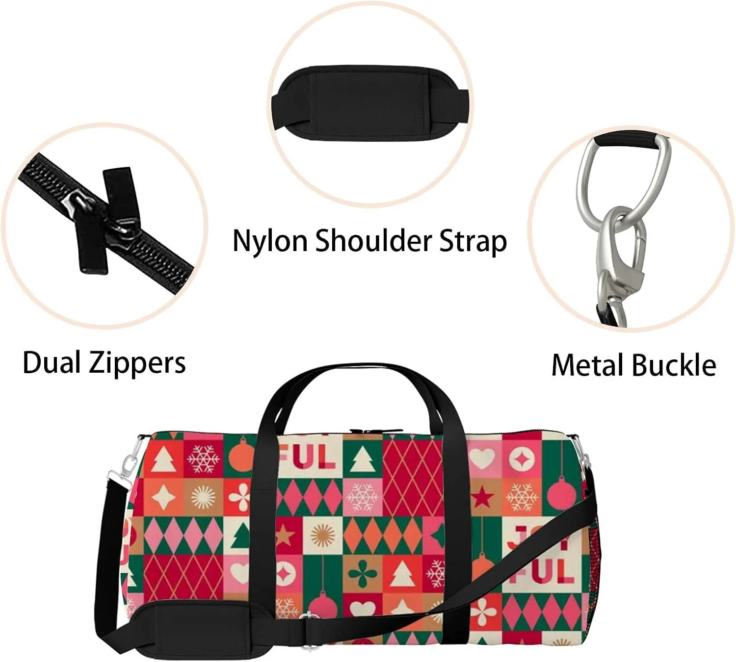 Colorful Christmas Geometric Elements Sports Duffel Bag Travel Gym Tote Bags Lightweight Durable Shoulder Strap Waterproof Polyester Outside Mesh Pocket Overnight Trip Duffel Bag for Women Men