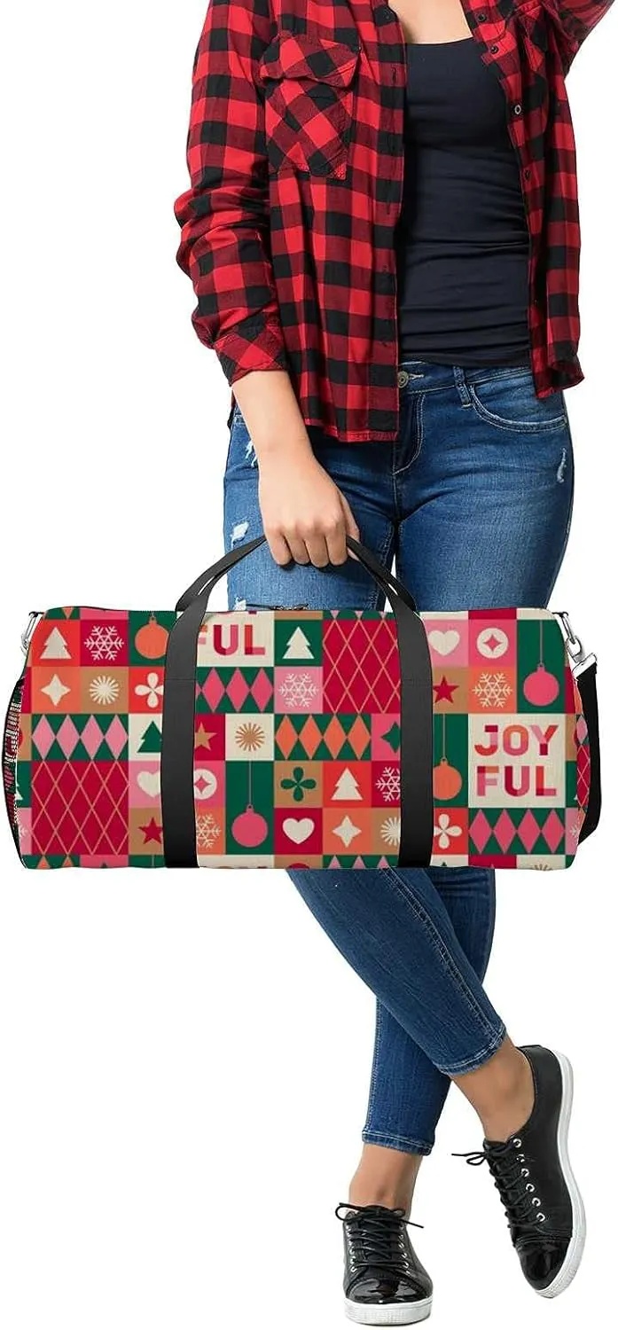 Colorful Christmas Geometric Elements Sports Duffel Bag Travel Gym Tote Bags Lightweight Durable Shoulder Strap Waterproof Polyester Outside Mesh Pocket Overnight Trip Duffel Bag for Women Men