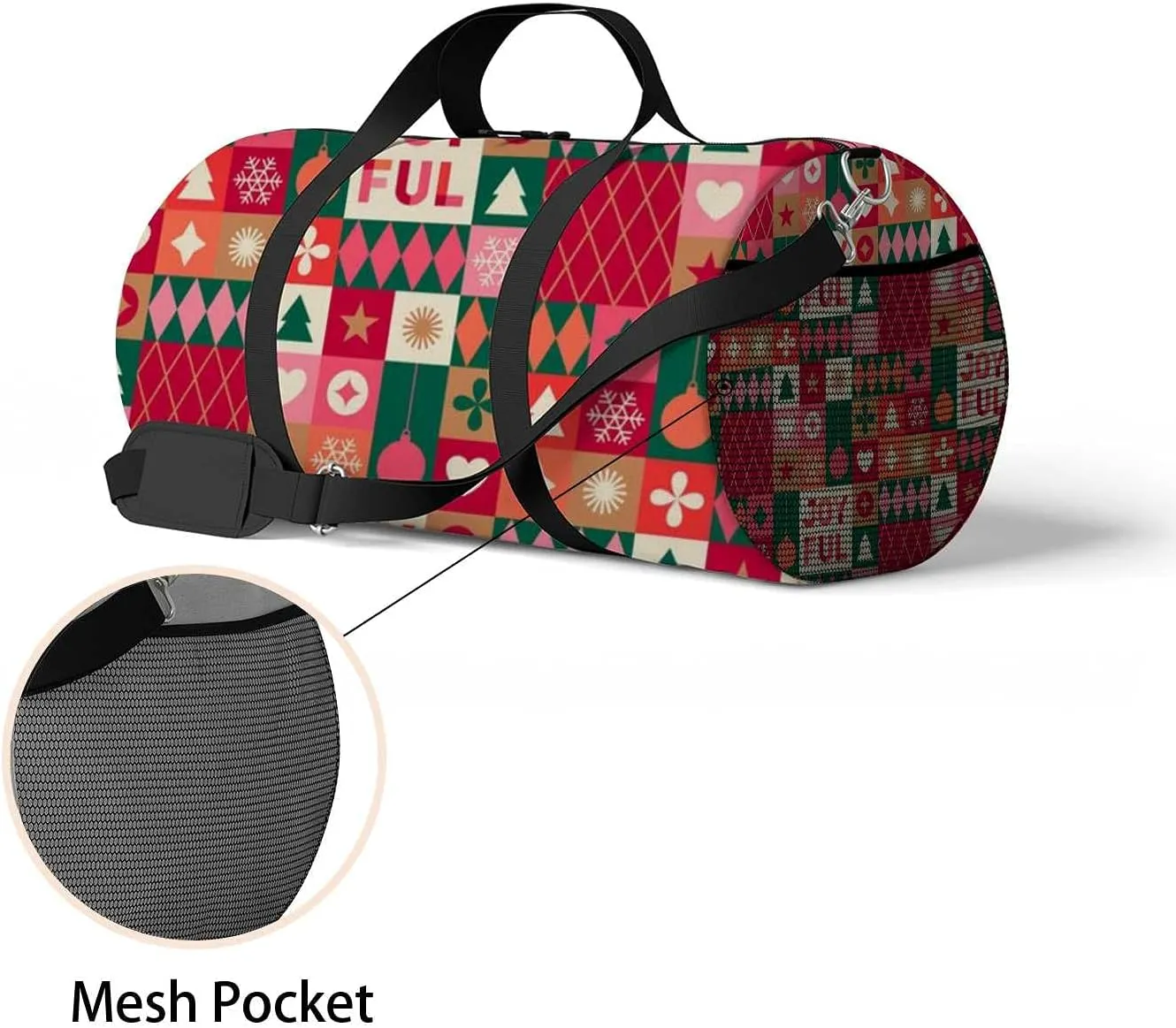 Colorful Christmas Geometric Elements Sports Duffel Bag Travel Gym Tote Bags Lightweight Durable Shoulder Strap Waterproof Polyester Outside Mesh Pocket Overnight Trip Duffel Bag for Women Men