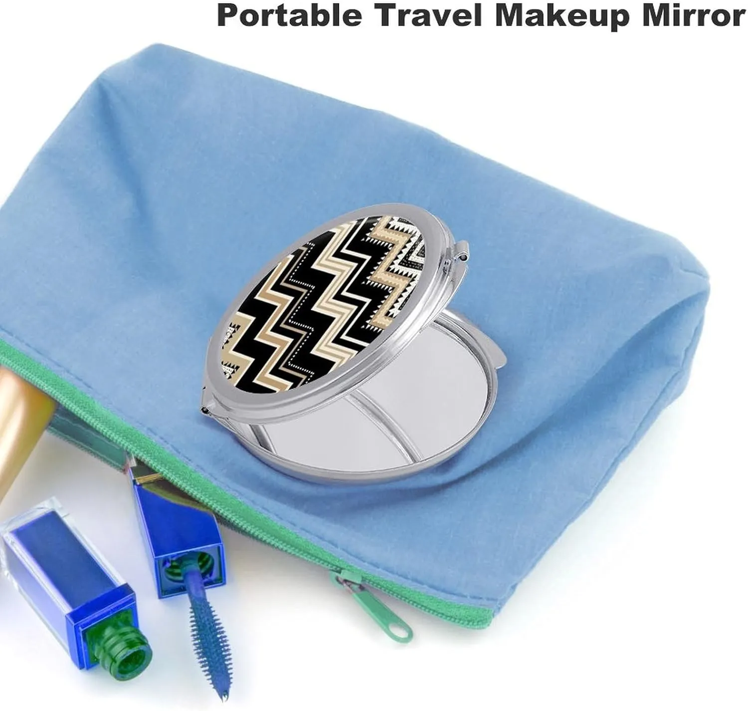 Compact Travel Makeup Mirror Small Handheld Black White Tan Zigzag Pocket Mirror 1X/2X 2-Sided Magnification Mirror Folding Vanity Mirror for Purse Handbag Gift