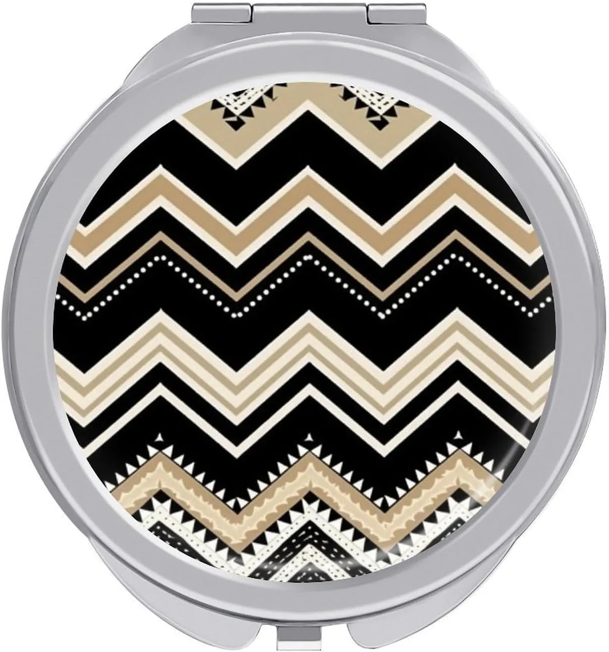 Compact Travel Makeup Mirror Small Handheld Black White Tan Zigzag Pocket Mirror 1X/2X 2-Sided Magnification Mirror Folding Vanity Mirror for Purse Handbag Gift