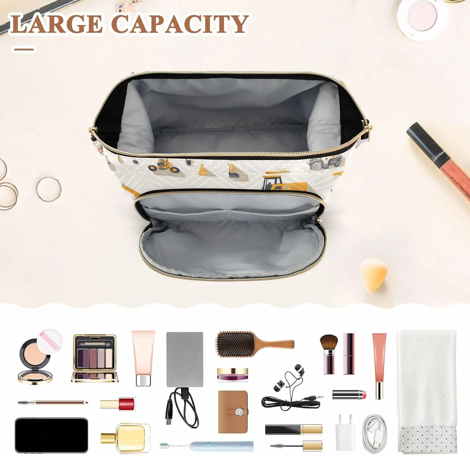 Construction Scene Beige Cosmetics Bag Essentials Make Up Bags For Women Women Coin Purse for Card Cases Money Organizers