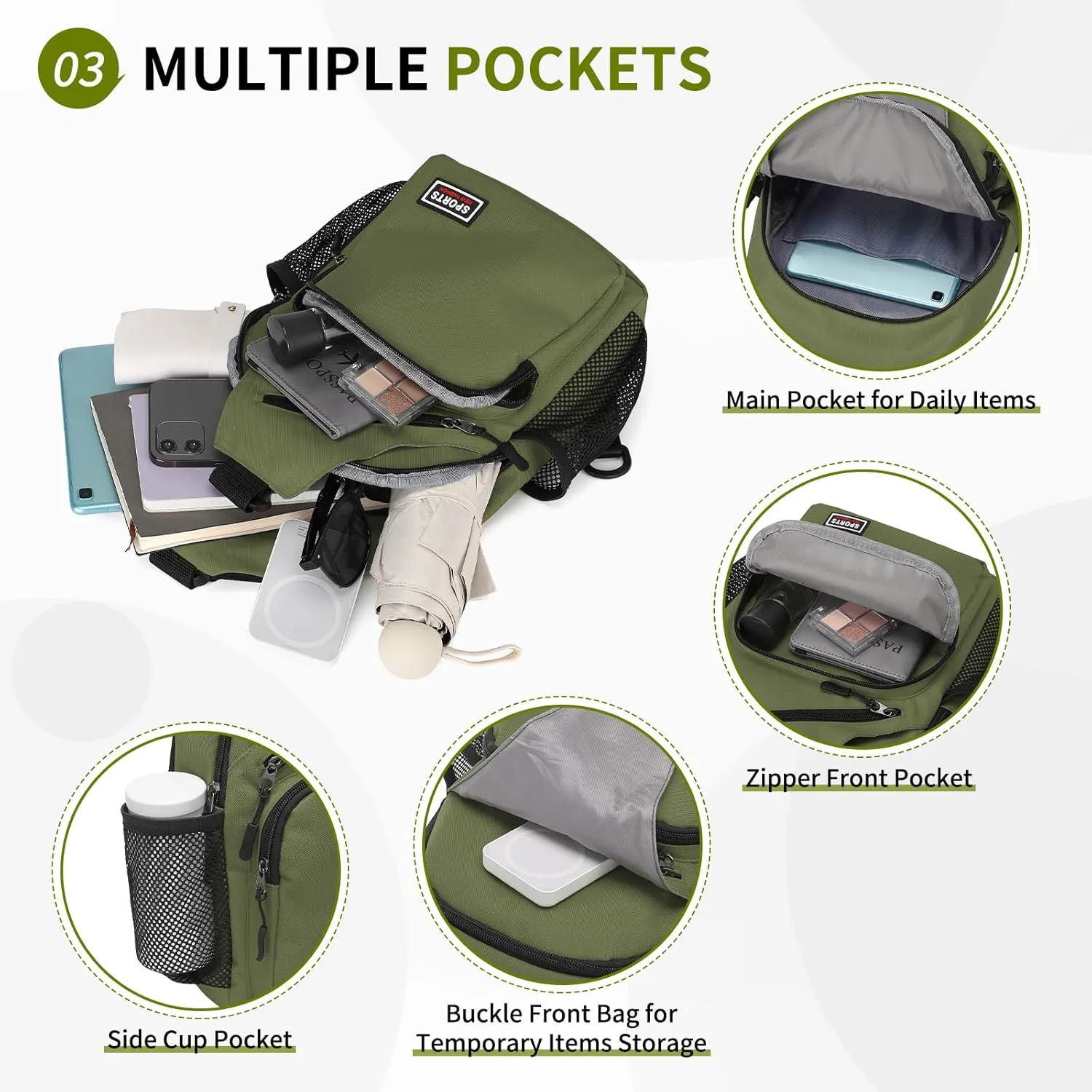 Convertible Sling Bag Crossbody Backpack, 11-Inch Pads Bags with Headphone Jack Shoulder Bag Casual Pack for Women Hiking Travel Cycling (Dark Green)