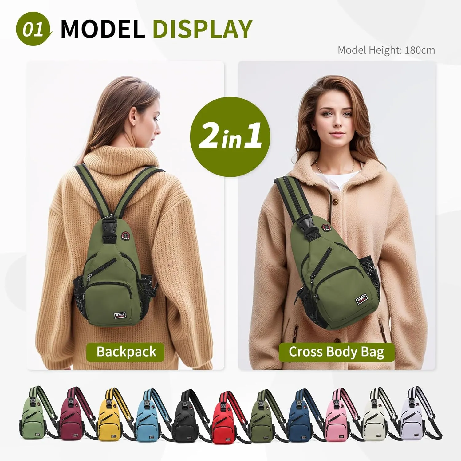 Convertible Sling Bag Crossbody Backpack, 11-Inch Pads Bags with Headphone Jack Shoulder Bag Casual Pack for Women Hiking Travel Cycling (Dark Green)