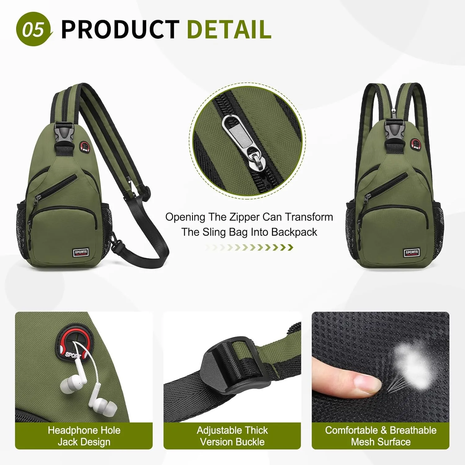 Convertible Sling Bag Crossbody Backpack, 11-Inch Pads Bags with Headphone Jack Shoulder Bag Casual Pack for Women Hiking Travel Cycling (Dark Green)